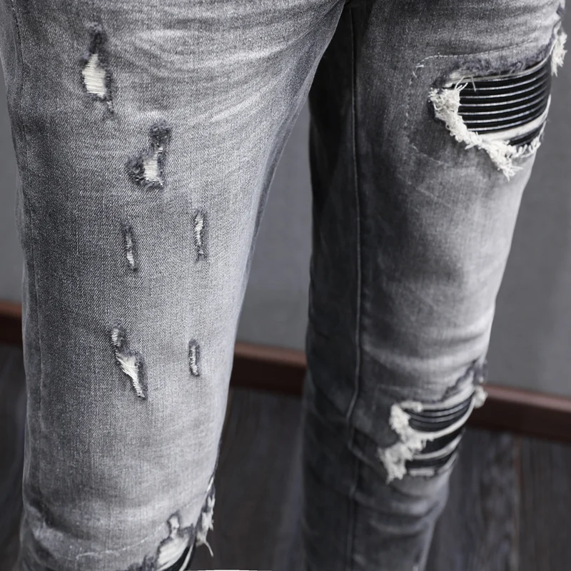 High Street Fashion Men Jeans Retro Black Gray Stretch Skinny Fit Ripped Jeans Men Leather Patched Designer Hip Hop Brand Pants 6