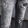 High Street Fashion Men Jeans Retro Black Gray Stretch Skinny Fit Ripped Jeans Men Leather Patched Designer Hip Hop Brand Pants 6