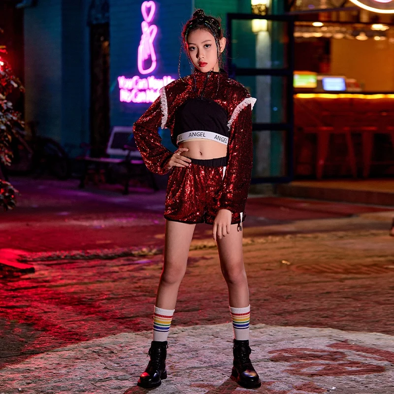 2023 Jazz Costume Girls Hip Hop Dance Clothes Cool Sequin