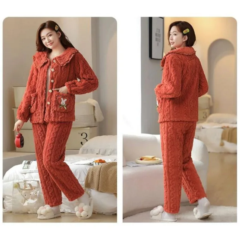Winter New Female Pajamas Women Coral Fleece Warm Thickened Nightclothes Two Pieces Cartoon Flannel Outwear Casual Homewear Set