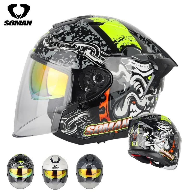 

Soman Helmet Motorcycle 3/4 Open Face Moto Double Visor Casco Capacete Scooter City Street Motor Riding Anti-UV Inner Lens