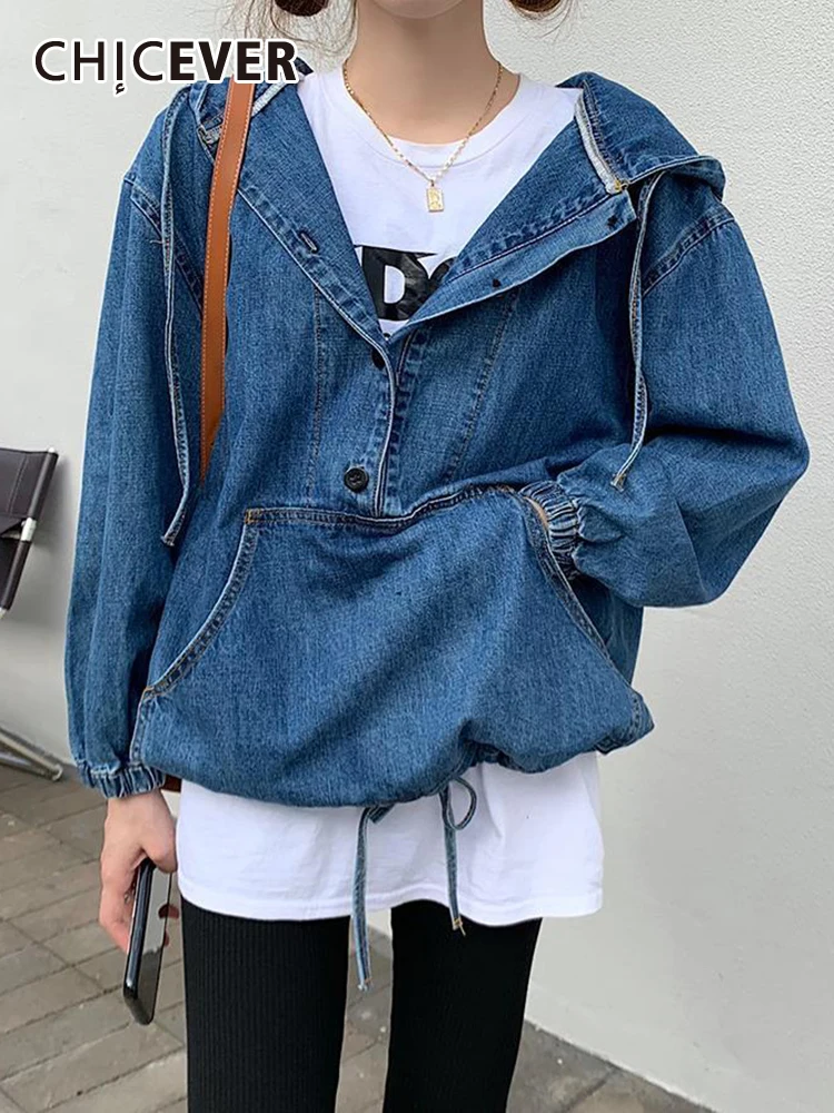

CHICEVER Korean Solid Sweatershirts For Women Hooded Long Sleeve Spliced Pocket Minimalist Loose Denim Sweatershirt Female New