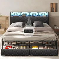 California King Bed Frame with Hidden Storage, 2 Drawers, Led Lights, Charging Station, Upholstered Headboard, Bed Frame 1