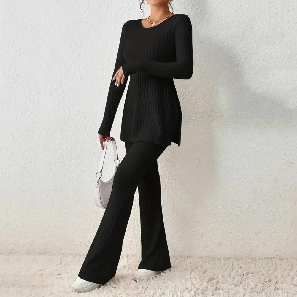 Commuter Style Suit Stylish Women's Knitted Two-piece Suit with Long Sleeve Ribbed Top High Waist Flared Trousers for Fall 2023 denim women s trousers summer white commuter new korean version high waist loose versatile straight drape wide leg mo