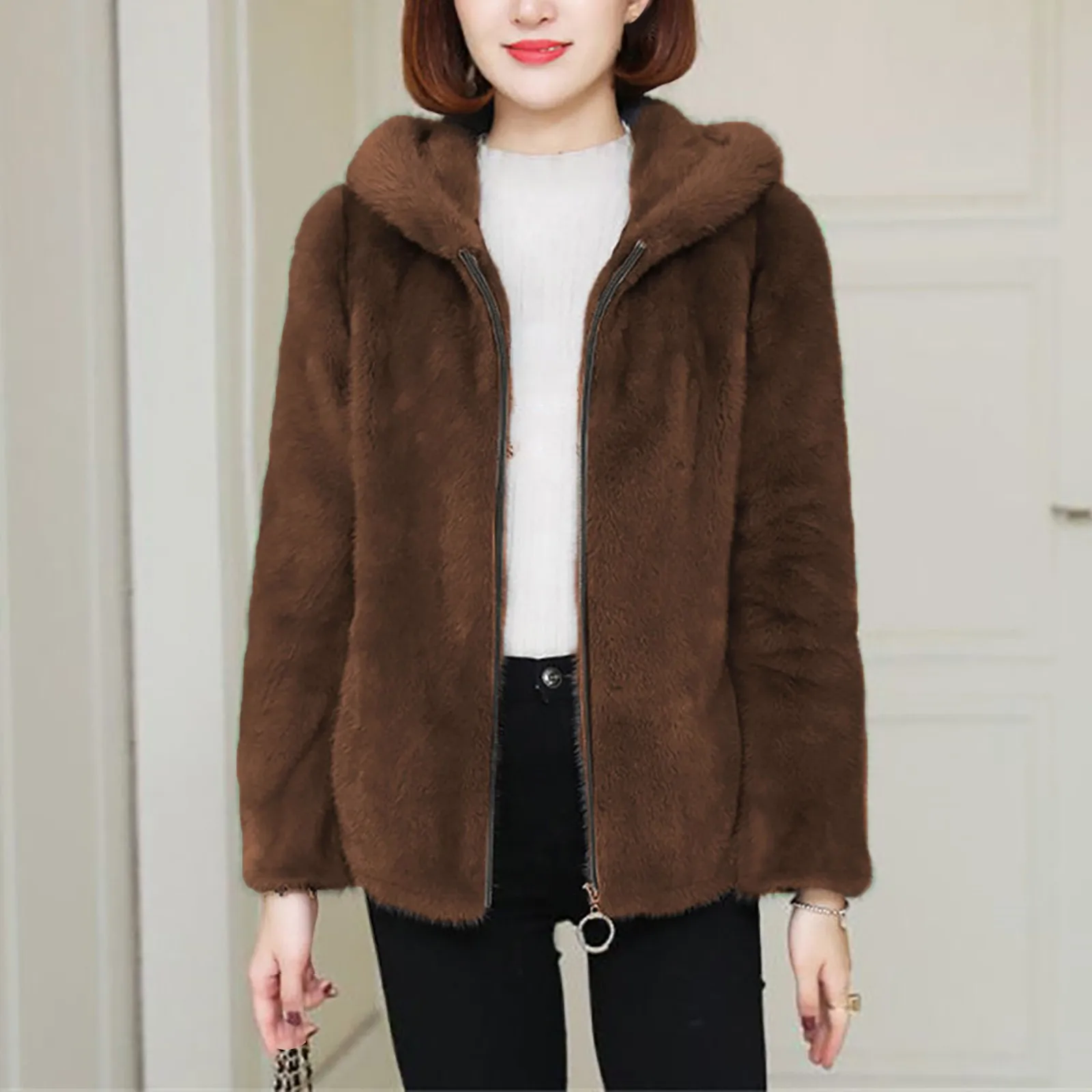 

Autumn Winter Imitation Mink Velvet Overcoat Women Solid Fuzzy Fleece Zipper Hooded Coats Jacket Faux Fur Coat Female Parka 2023