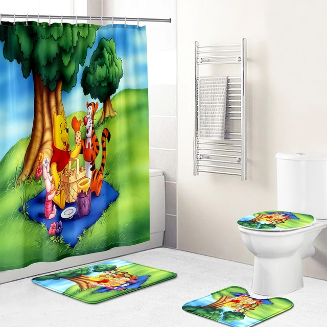 3D Disney Winnie The Pooh Bear Bathroom Mat Set Durable Waterproof Shower  Curtain Set Base Carpet Lid Toilet Lid Cover Bathtub - AliExpress