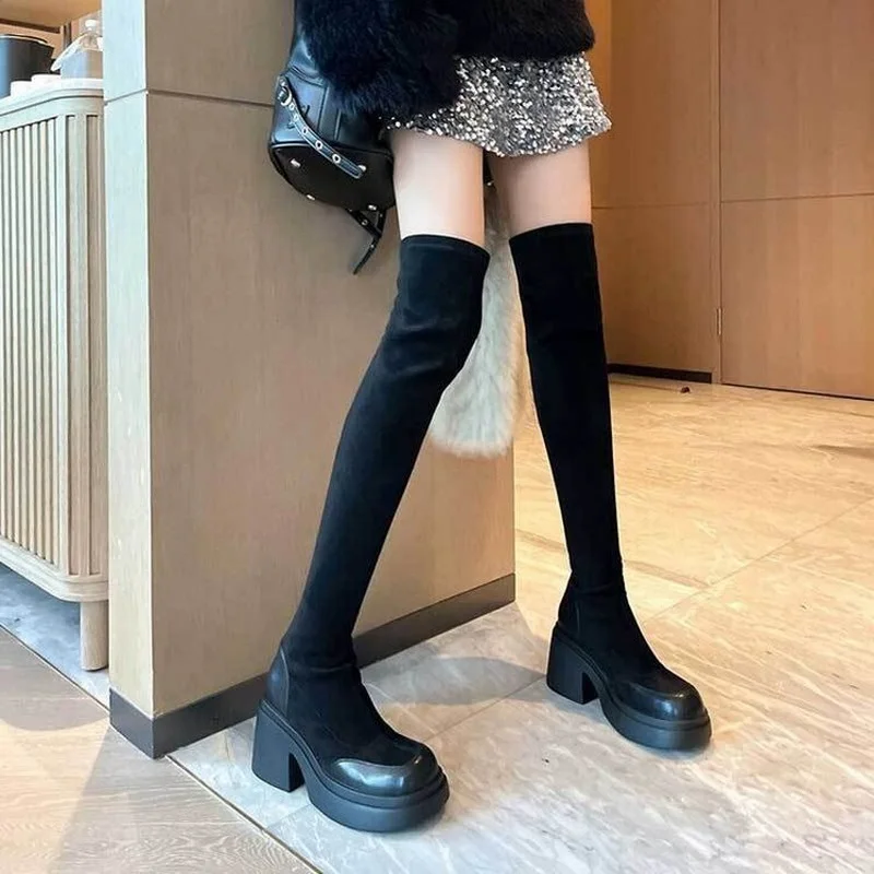 Chunky Heel Women & Girls Stretch Long Boots Fashion Female Antiskid Soft Leather Shoes Over-The-Knee Rising Boots Size 35-40