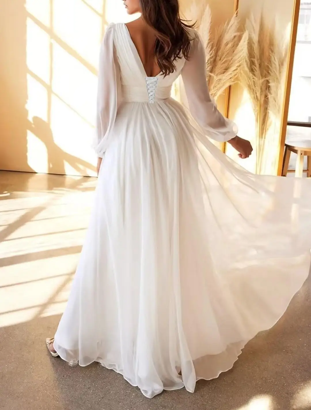 Simple Wedding Dresses for Bride V Neck Long Sleeve Chiffon Wedding Dress Simple Bridal Growns Floor-Length Vestidos De Novia