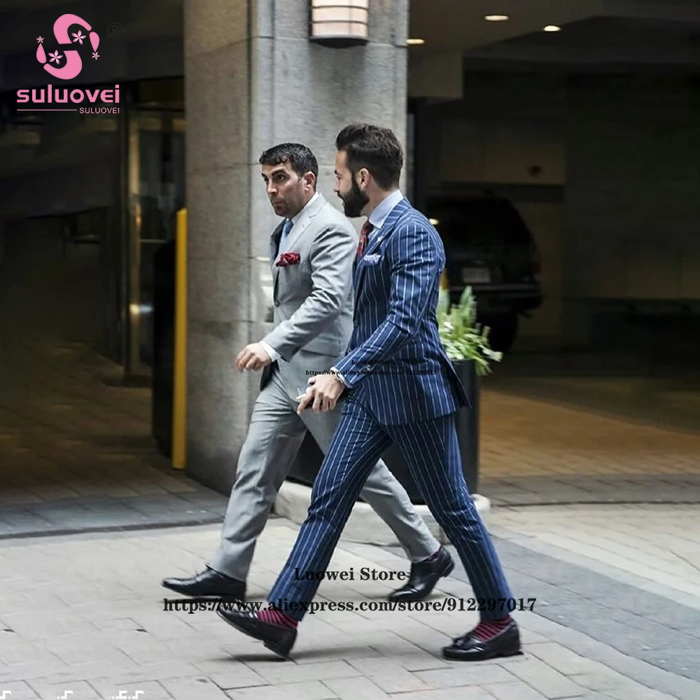 Fashion Pinstripe Double Breasted Tuxedos Suits For Men Slim Fit 2 Piece Pants Set Groom Wedding Blazer Terno Masculino Completo