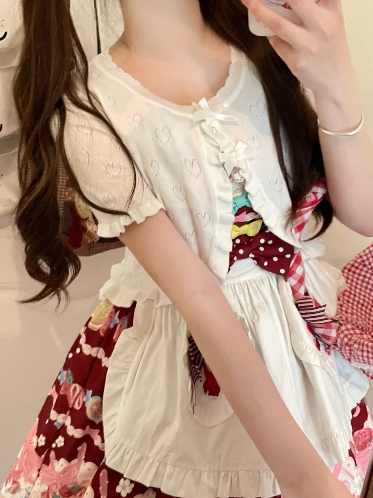Cute Knitted Cardigan Women Pearl Button Bow Decoration Heart Hollow Out Short Sweater for Sweet Girl Kawaii Clothes