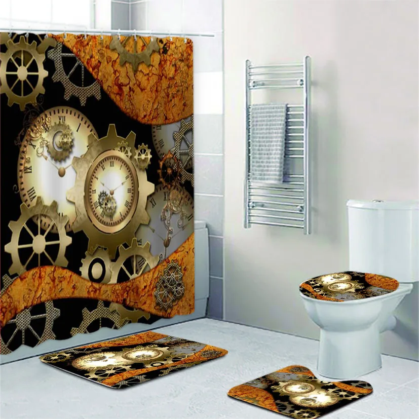 

Vintage Steampunk Clocks Gears Waterproof Shower Curtain Anti-slip Rug Gothic Bath Toilet Cover Mats Carpet Home Bathroom Decor