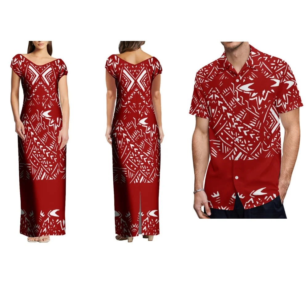 Polynesian Patterned Art Print Couple New Design Women'S V-Neck Elegant Long Dress Men'S Casual Shirt Fiji Island Samoan Flowers