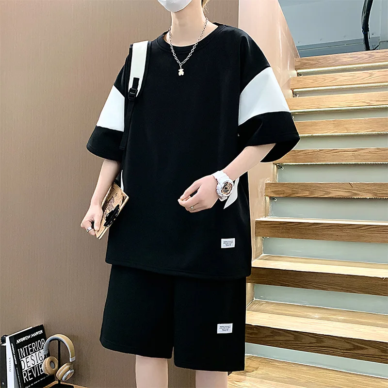 2024 summer new broad edition color patchwork sports suit men's fashion simple leisure sports trend two-piece set