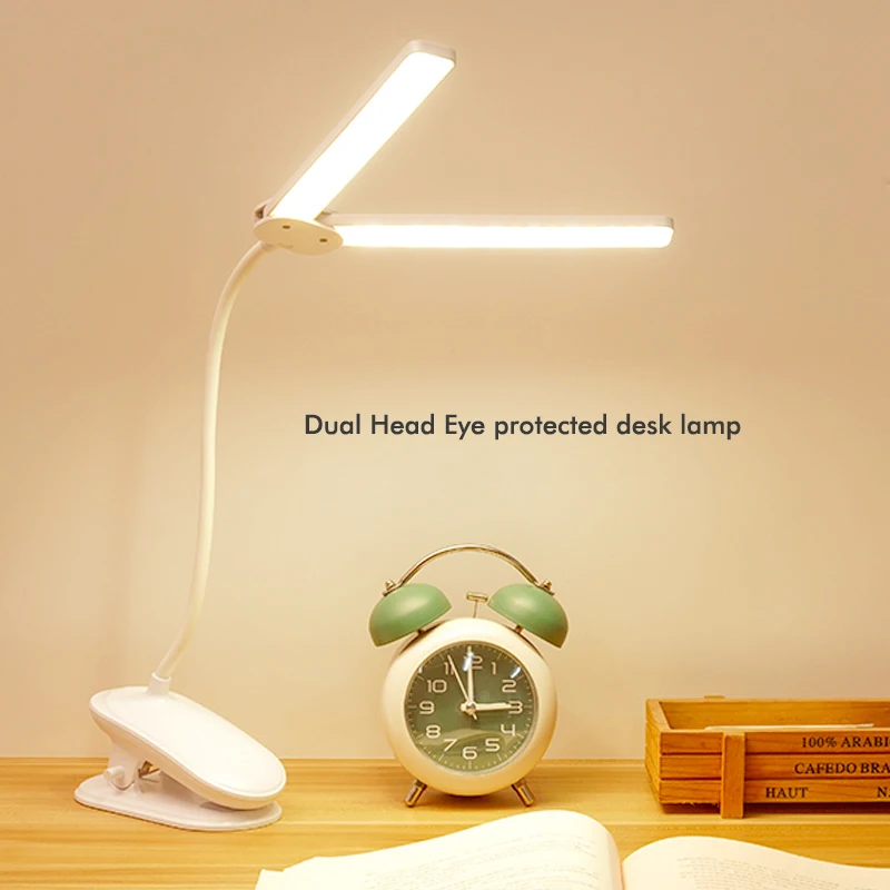 

Led Clamp Double Head Desk Lamp Flexible Gooseneck Touch Dimming Table Lamp USB Charging Clip On Lamp For Office And Computer