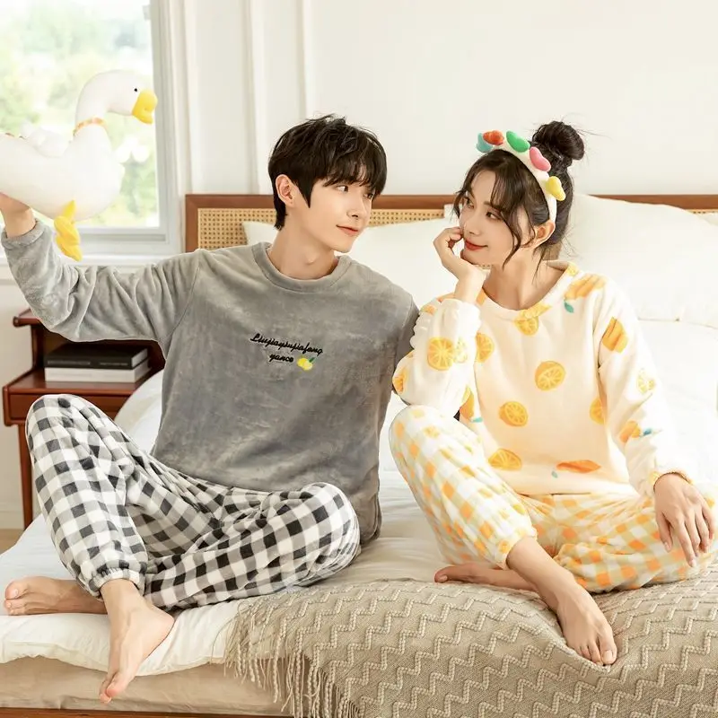 2024 new Autumn Winter sleepwear Couples' Flannel Long sleeved Pajamas Men Women Thickened Warm Coral Fleece Homewear set