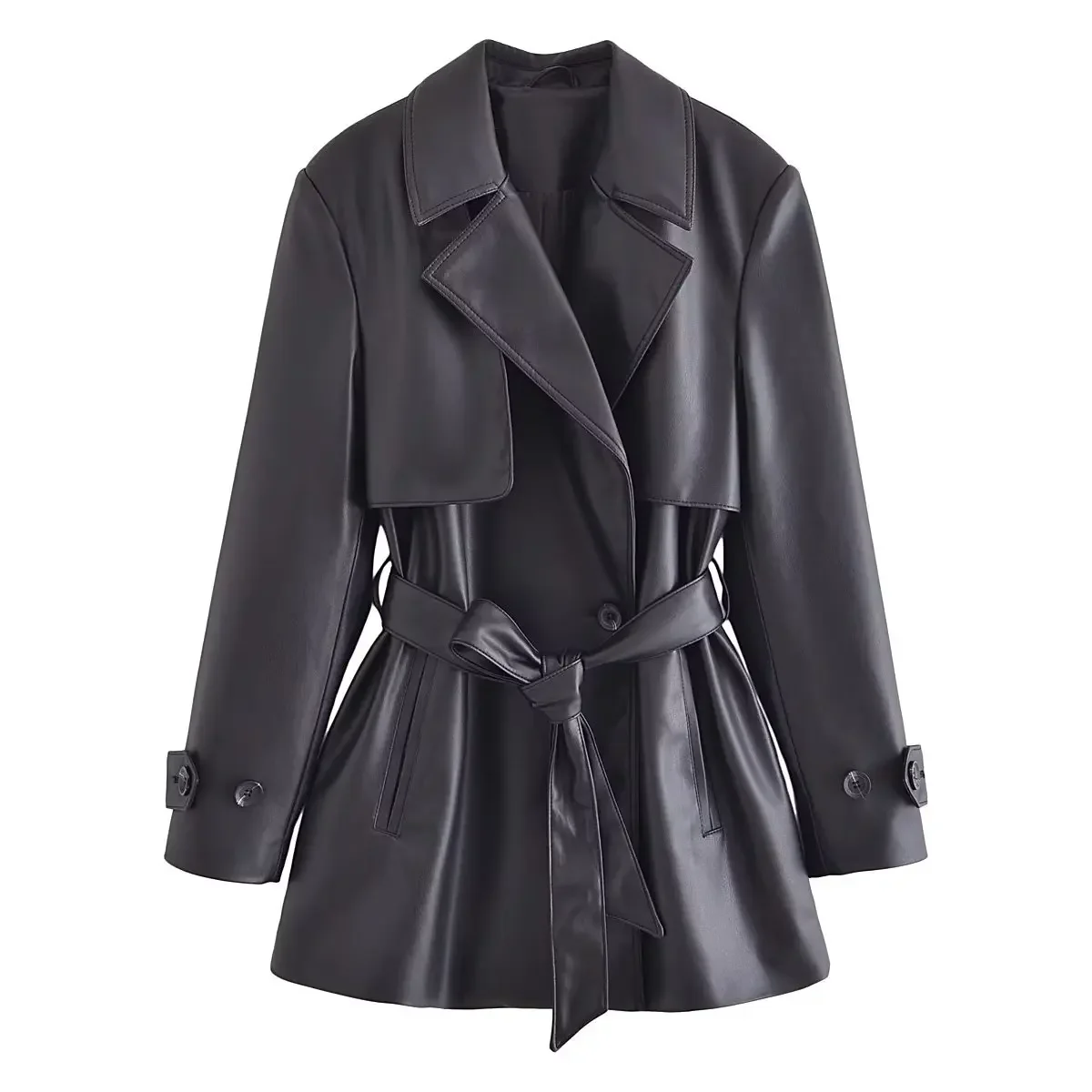 

Women's 2023 Autumn and Winter Fashion Imitation Leather With Belt Short Trench Coat Retro Long-sleeved Button Chic Top