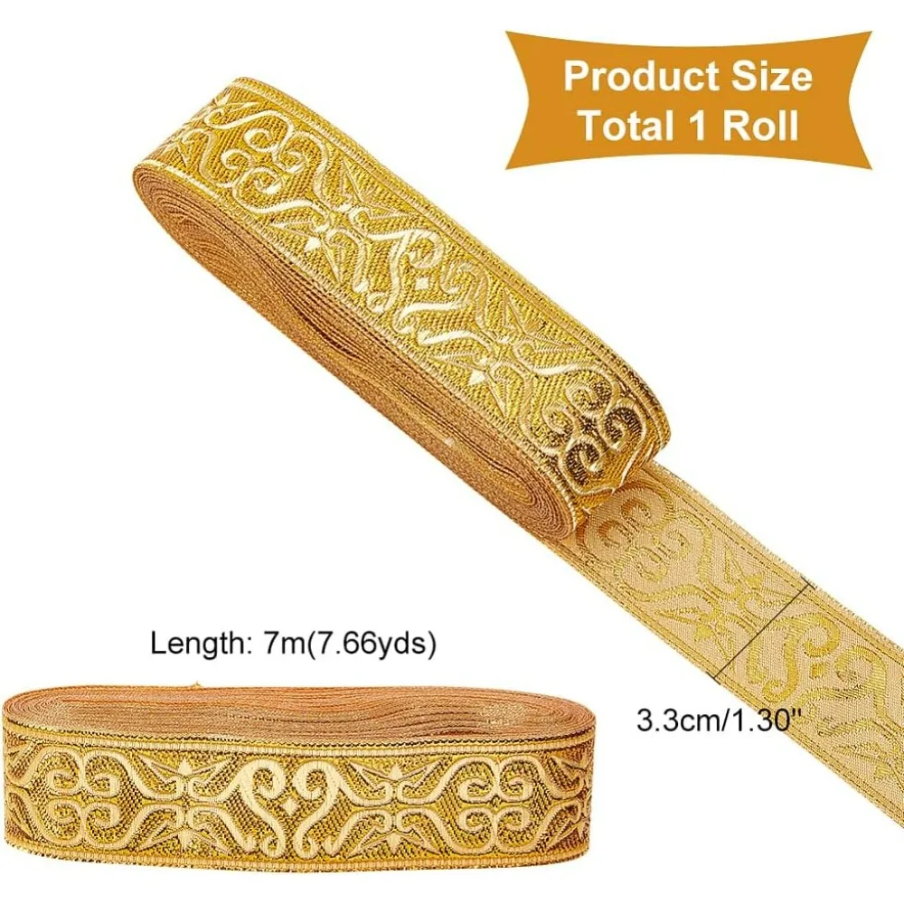 Webbing Ribbon Polyester Webbing Ribbon Embroidery Ribbon 7.7Yards Gold Jacquard Ribbon Trim 1-1/4 Inch Wide Boho Woven Trim Ethnic Floral Ribbon Embroidery Polyester Flat for DIY