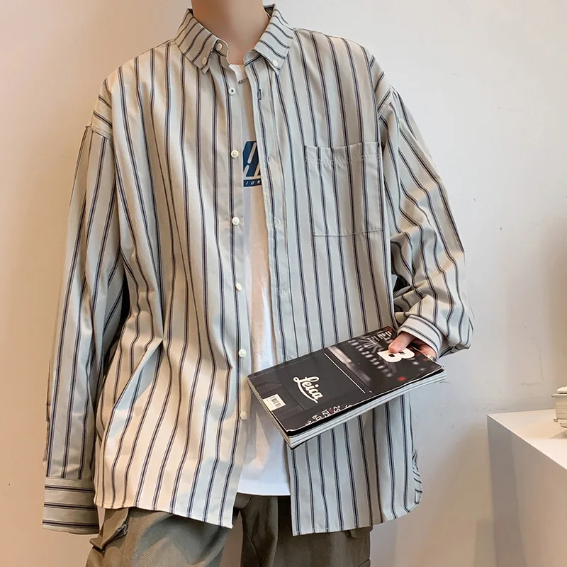 

2023 Shirts Men Spring Japanese Vintage Blouse Striped Long Sleeve Fashion Loose Handsome Casual Camisa Masculina Clothing Y112