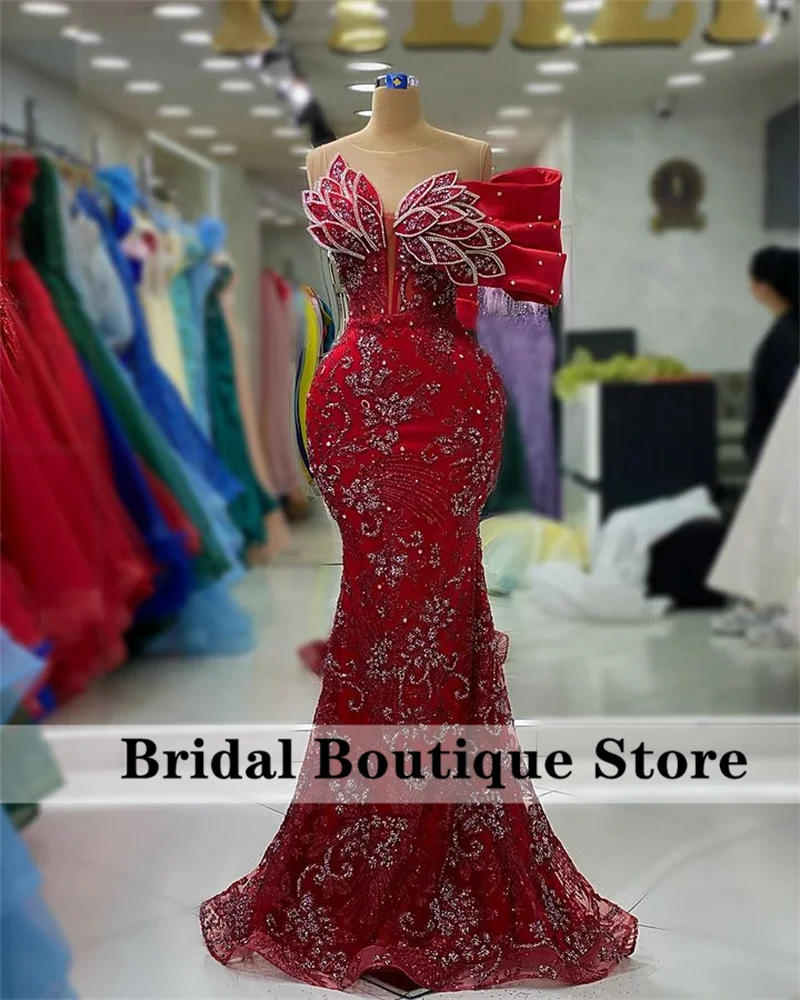 Exquisite Red Dubai Mermaid Evening Dress Off Shoulder Beading Crystals Rhinestones Sequins Wedding Prom Party Dress Robes