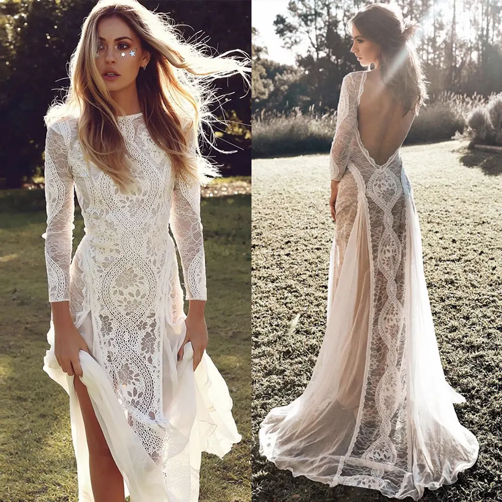 

Bohe Sexy Lace Backless Wedding Dresses See Through Split Sheath Full Sleeves Custom Bridal Gowns Robe Beach Vestido De Noiva
