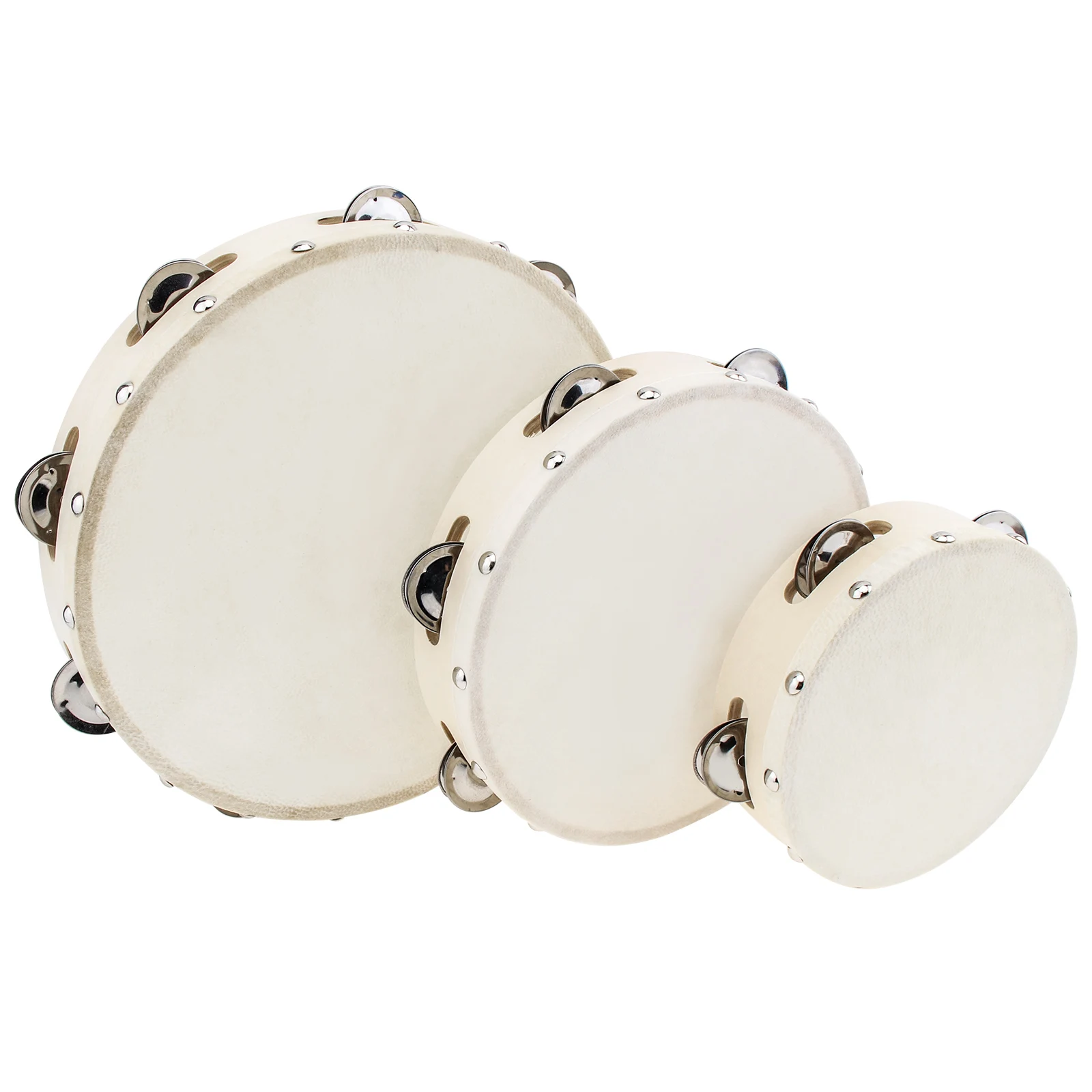 6 / 8 / 10 inch Wood Hand Held Tambourine Drum for Church Party KTV with Sheepskin Drumhead, Single Row Musical Instrument Tools