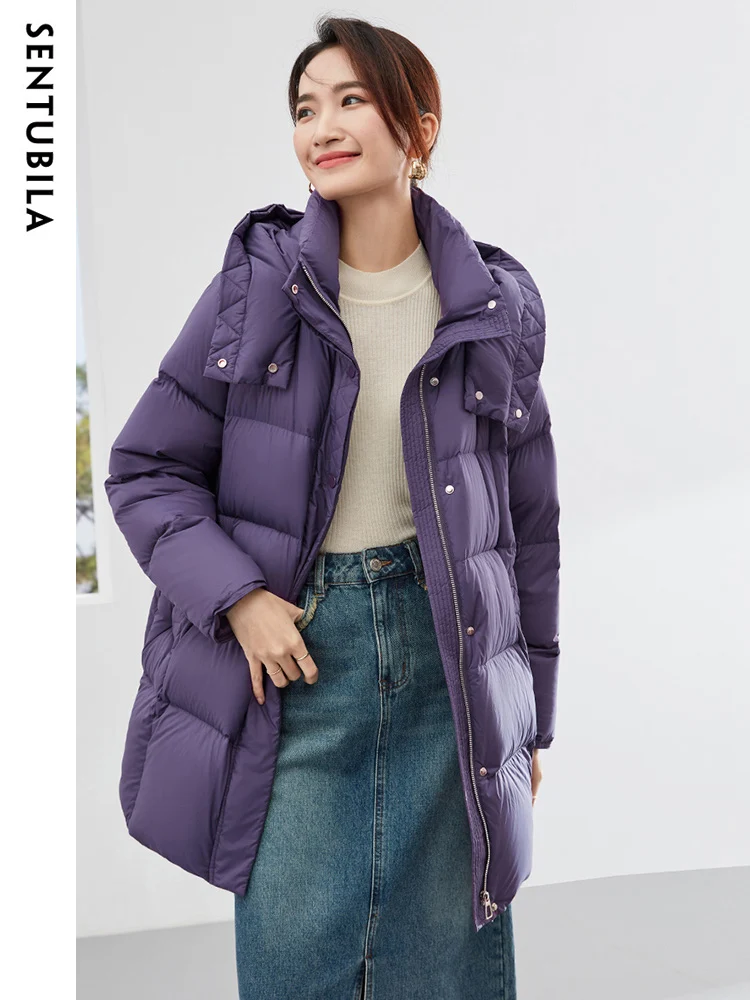 SENTUBILA Women's Loose Hooded Down Jacket 2023 Winter Fashion Zipper Mid Length Down Coats Duck Down Warm Outwears W34Y49697