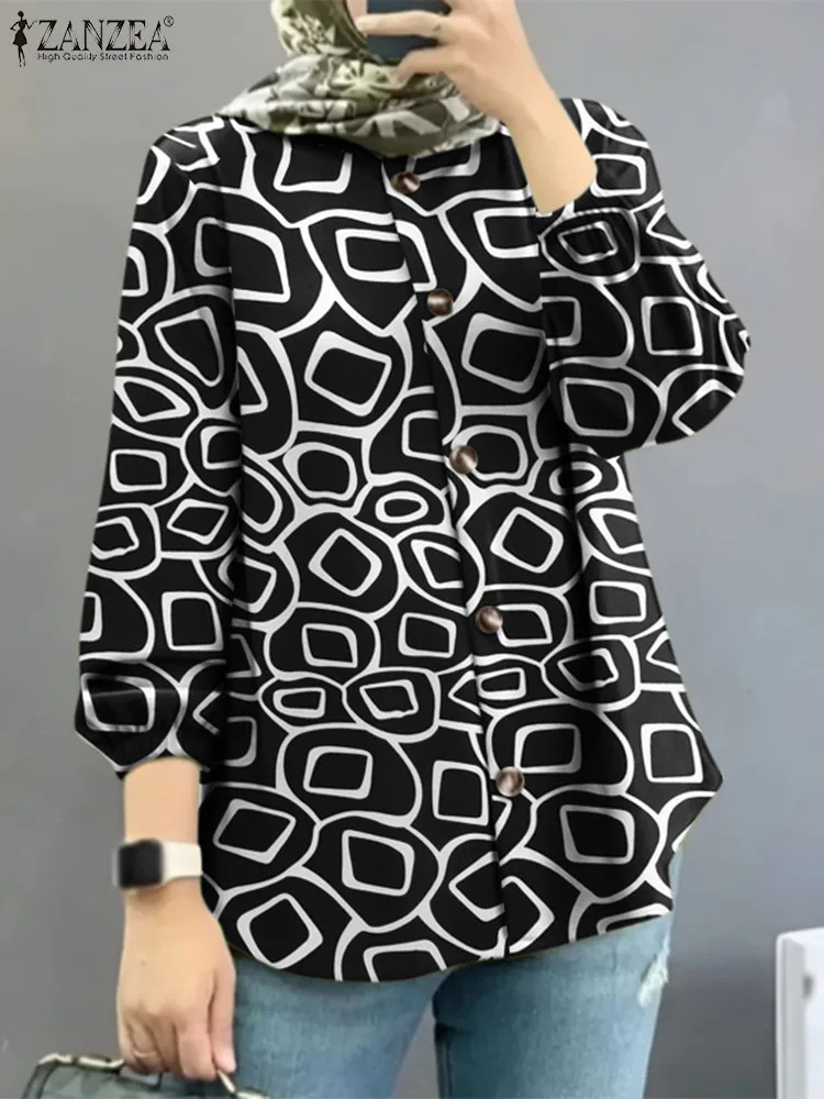 

ZANZEA Autumn Vintage Printed Blouse Fashion Party Chemise Puff Sleeve O-Neck Shirt Woman Elegant Turkey Blusas Mujer 2023