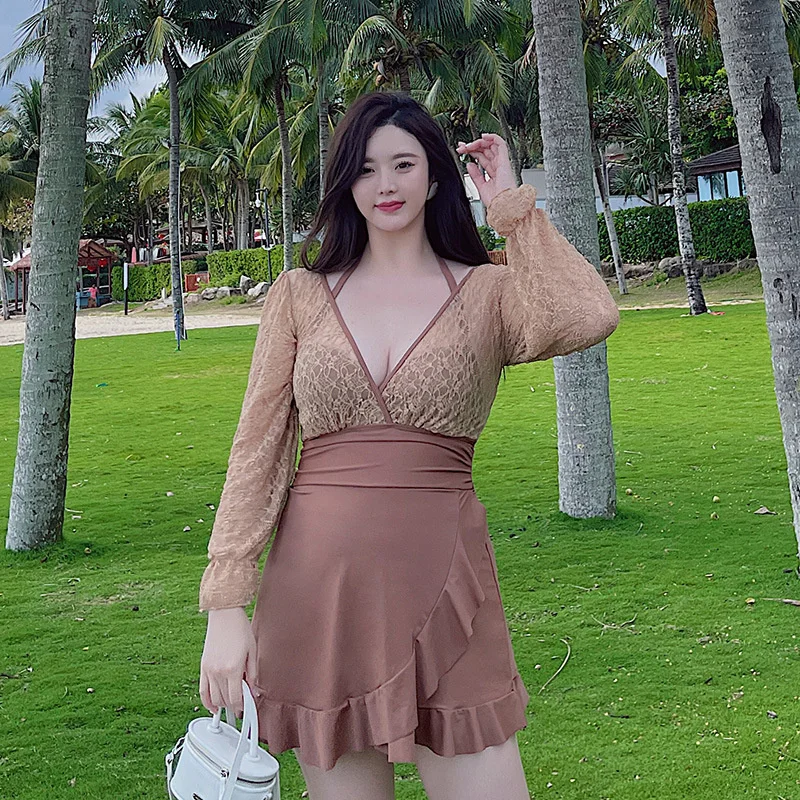 2023 Women Korean Style Solid Big Plus Size Swimwear One-Piece Monokini One Piece Print Ruffle Skirt Swimsuit