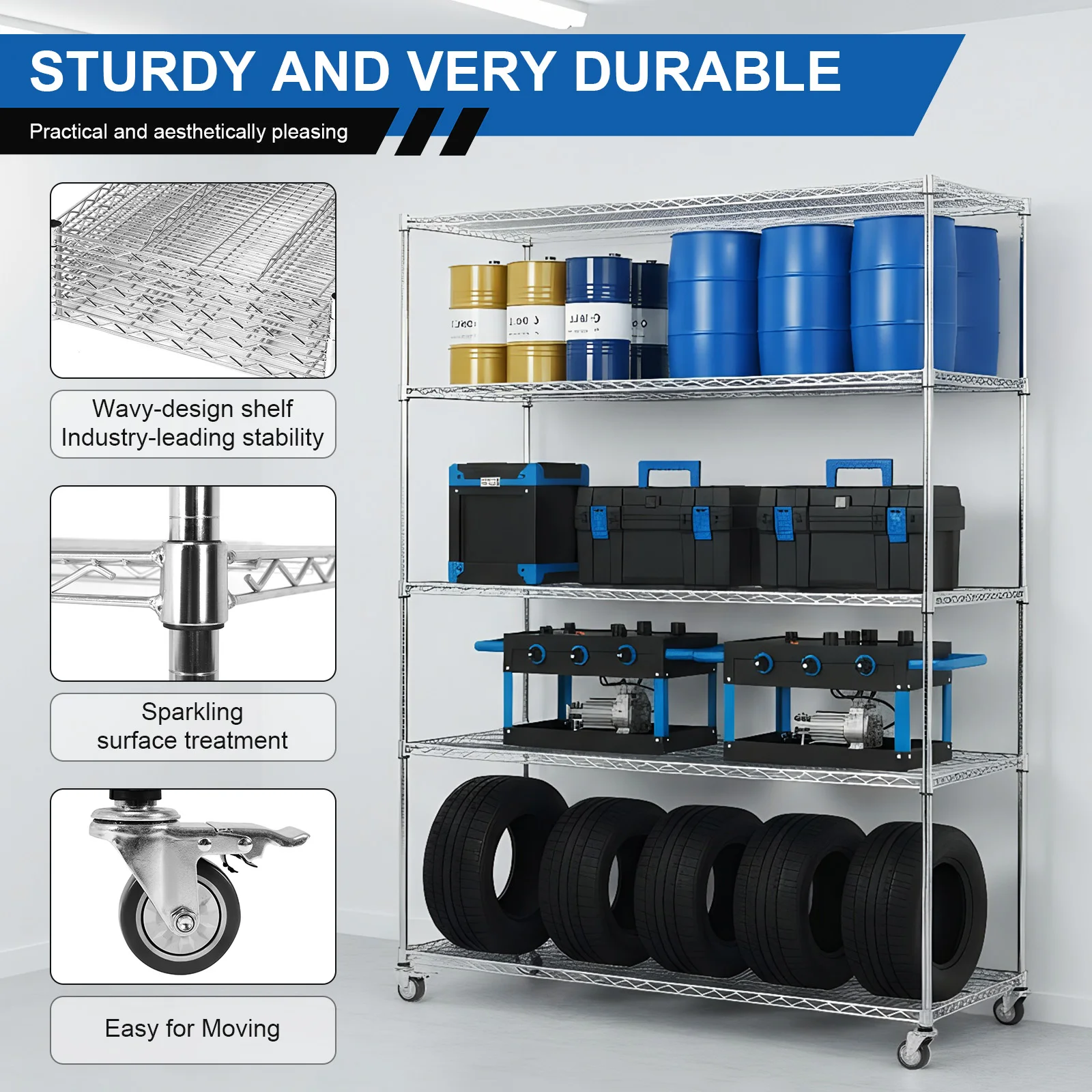 5 Tier 7500lbs Capacity Rolling Storage Shelf 1518x609x2000mm​ Storage Racks and Shelving for Warehouses Closets Kitchen School