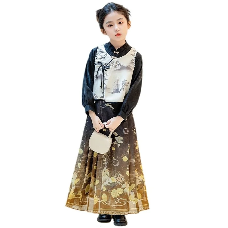 

New Chinese Style Horse Face Skirt Traditional Improved Hanfu Classic Print Pattern Suit Performance Costume for Girls in Spring