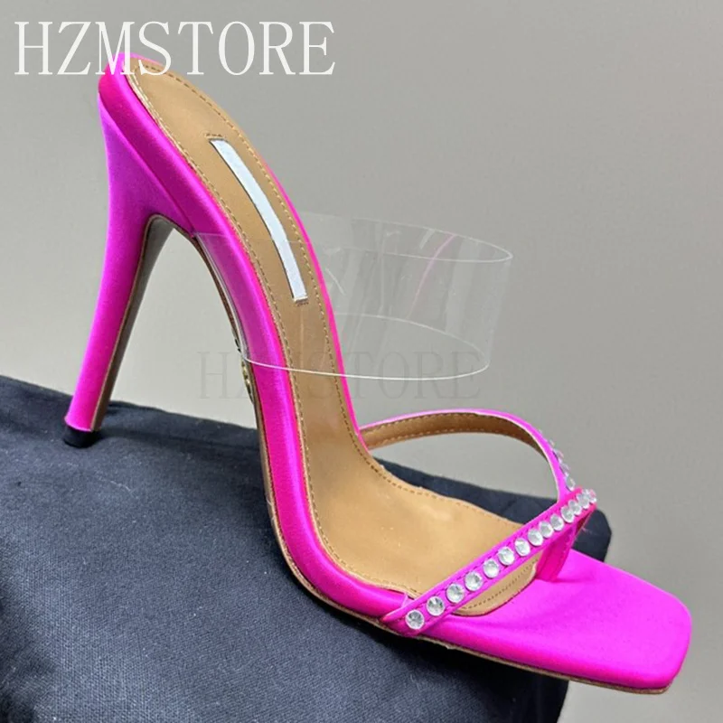 

Мюли женские атласные на высоком каблуке, брендовые блестящие Шлепанцы из ПВХ, квадратный носок, с кристаллами, классические туфли-лодочки, сандалии