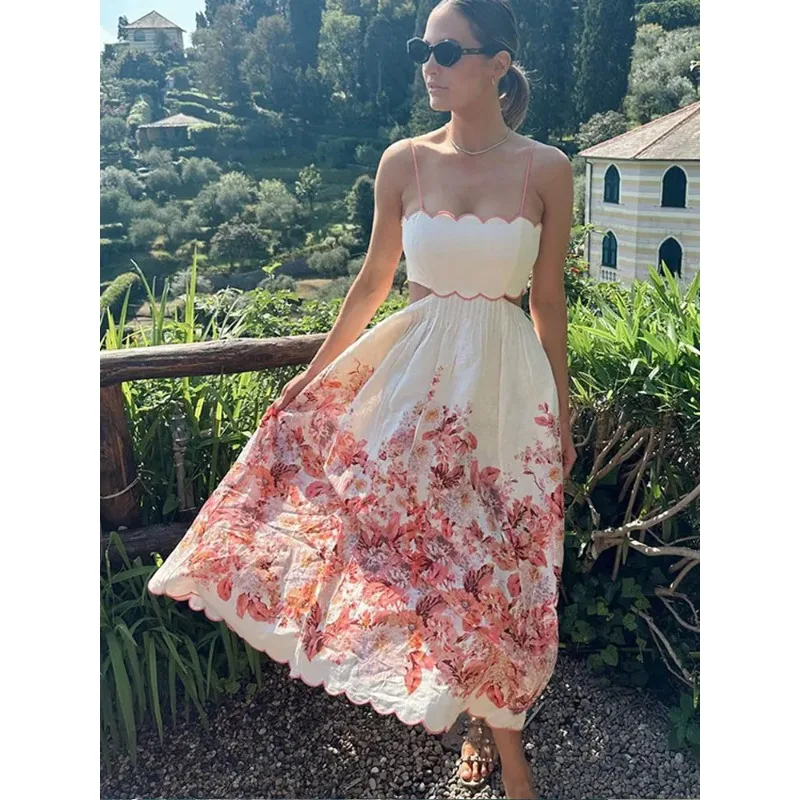 Elegant Floral Print Hollow Out Dress Ladies Fashion Off Shoulder Sleeveless A-line Dresses Female Banquet Club Vestidos