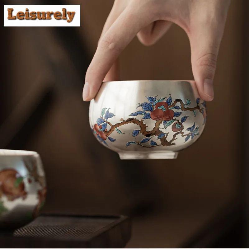 Gilt Silver Longevity Peach Pomegranate Teacup Luxury Tea Bowl Mug Tea-tasting Meditation Cup Chazhan Master Cups Teaware Set