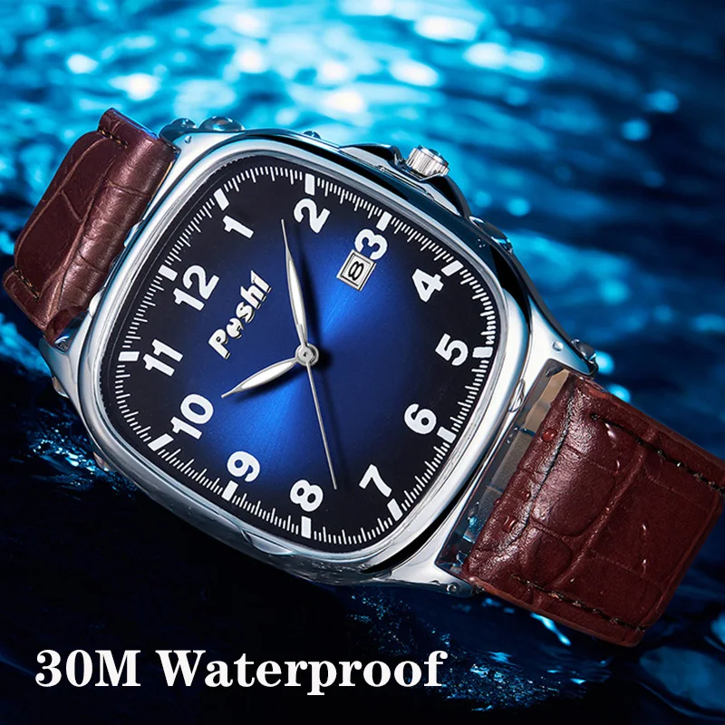POSHI Men's Quartz Watches Leather Strap Casual Men Wristwatch Waterproof Date Luminous Luxury Business Watch for Man Male Gifts