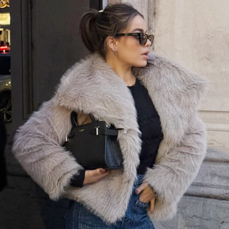 HXAO رمادي الفراء سترة سترة نسائية الخريف الشتاء م...