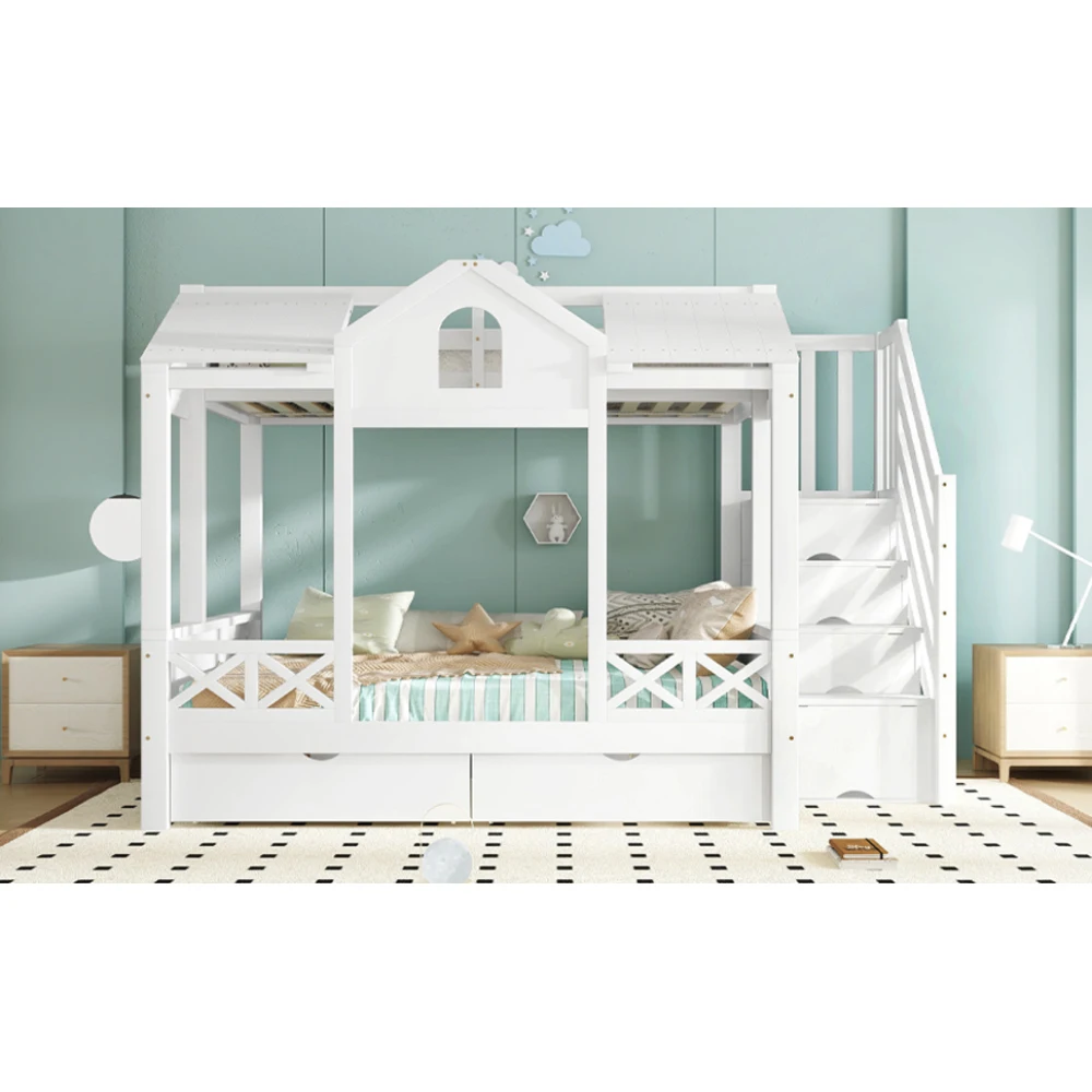 90 x 200 cm und 140 x 200 cm großes Etagenbett, zwei Schubladen mit Rollen, Bett mit Fenster und Dach, Treppenschrank mit 4 Ablagefächern – Detail 10