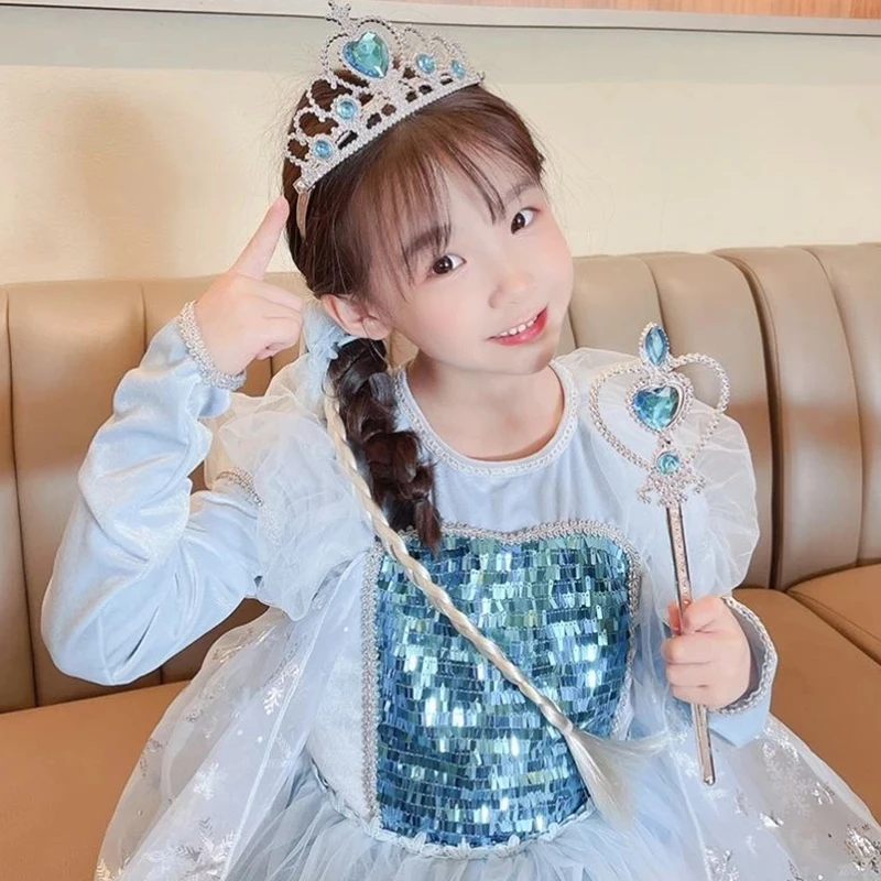 3Pcs/Set Little Girls Elsa Magic Wand Queen Crown Snowflake Weaving Braid Cosplay Props Kids Play Toys Crystal Accessories