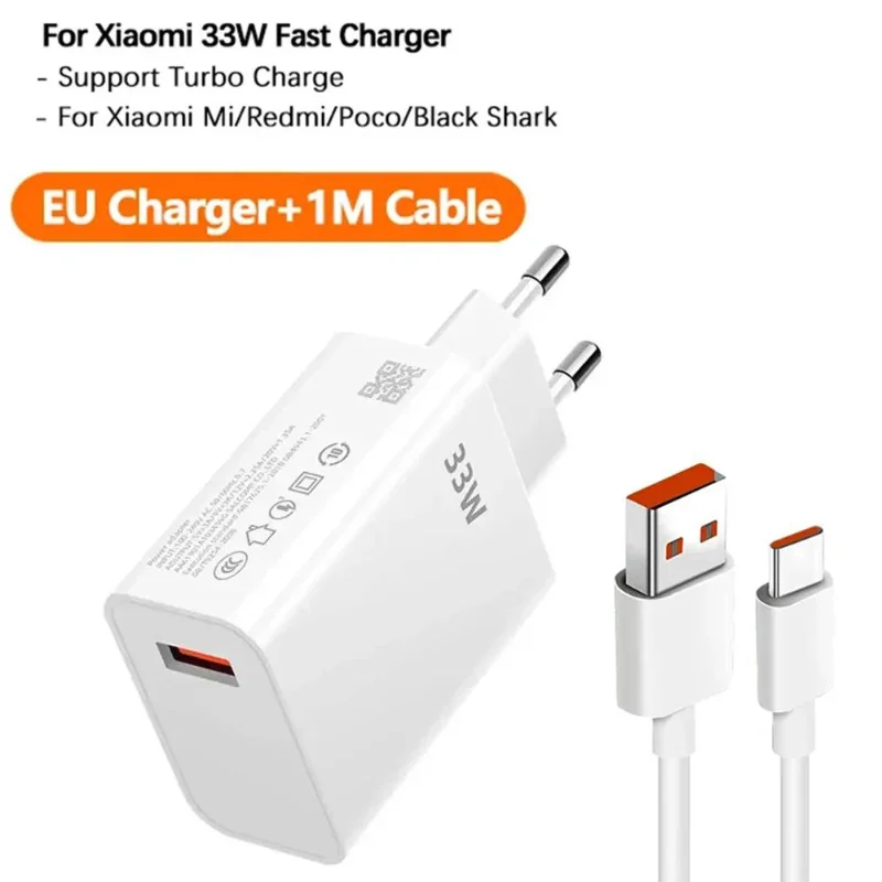 33W Turbo Fast Charger with USB Type C Cable - Quick Charging Adapter