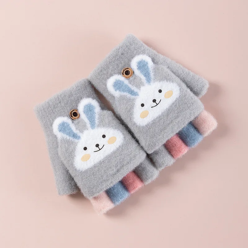 4-11 year old cartoon bunny five finger children's gloves winter thick half finger flip knitted gloves winter new warm gloves