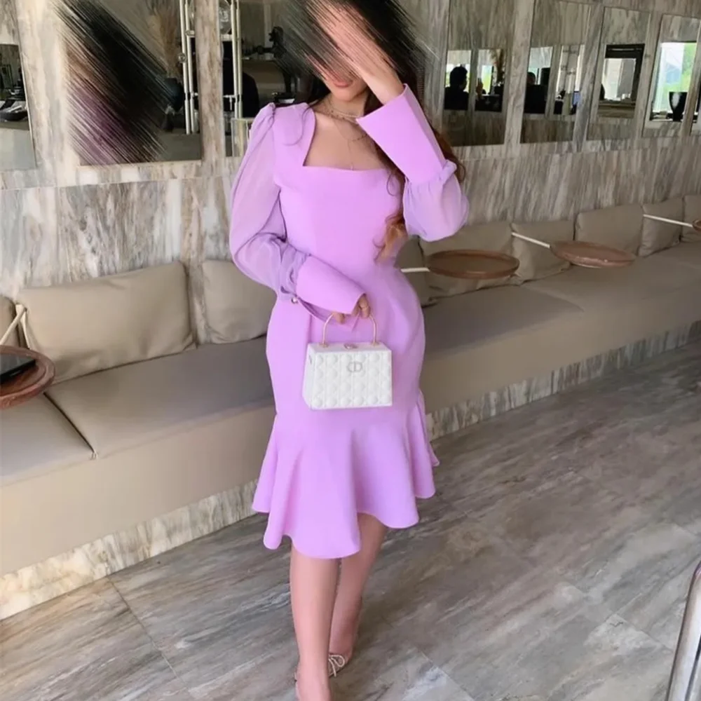 

Classy Short Purple Square Collar Spandex Evening Dresses Full Sleeves A Line Tea Length فستان سهرة for Women Party Gowns