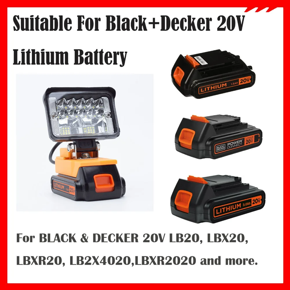 

28W LED Work Light Suitable For Black & Decker 20V Lithium Battery w/USB Outdoor LBXR20 LB2X4020 LBXR2020（Not include battery）