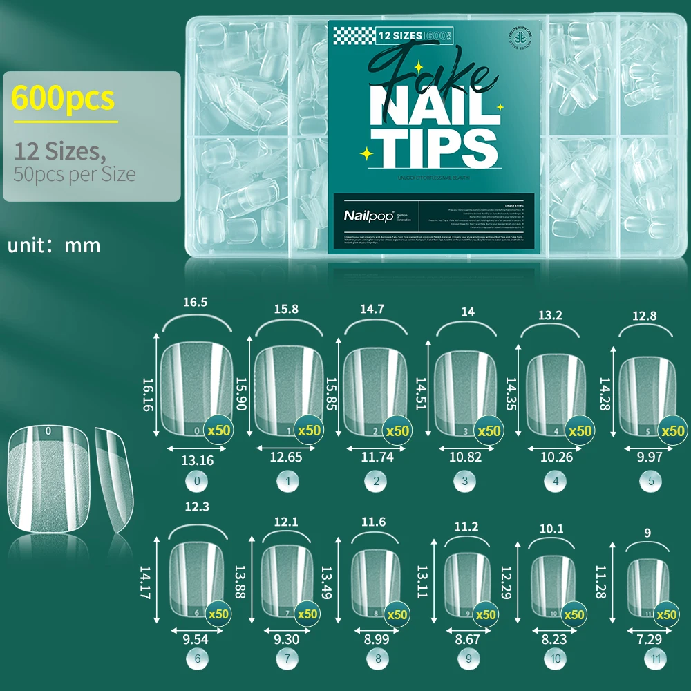 Soft Gel Nail Tips - Pre-Buff Full Cover Coffin, Almond, and Oval Shapes (600 Pieces)
