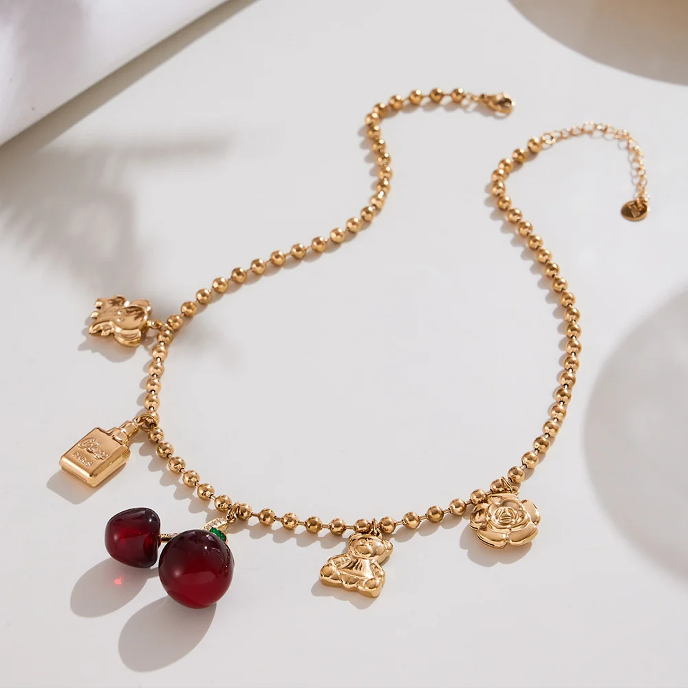 Süße rote Harz Kirsche Anhänger Halskette Edelstahl vergoldet Kette Armband Tropfen Ohrringe Damen Luxus Schmuck Set – Detail 14