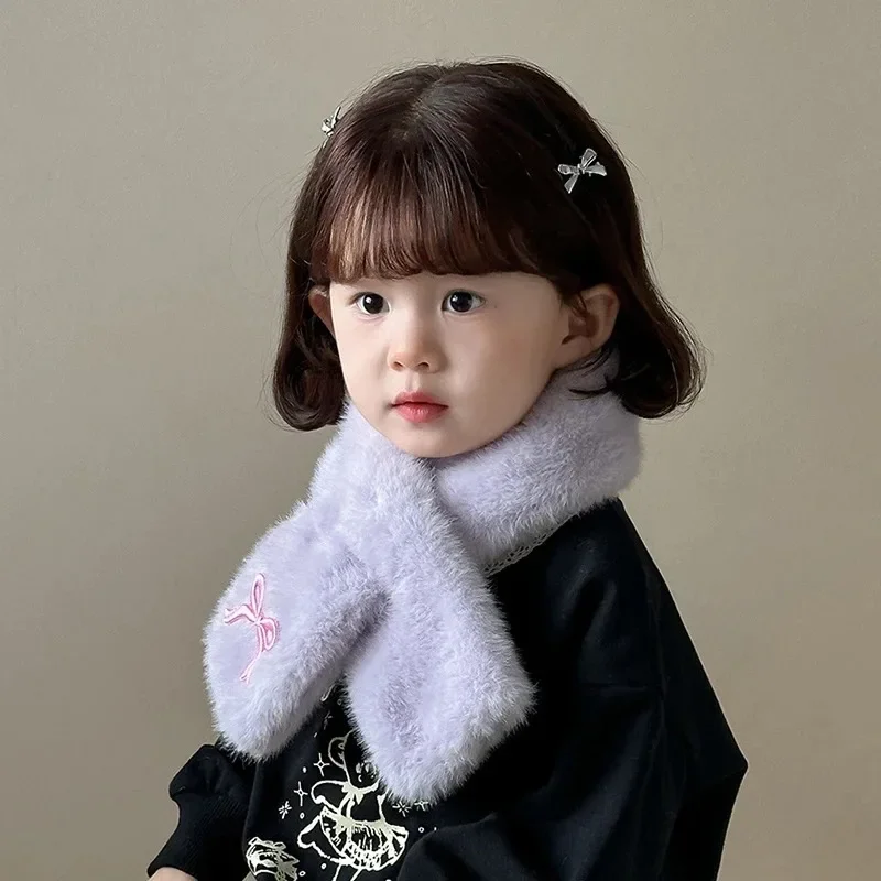 Embroidered Bow Baby Plush Scarf Winter Warm Children Neckerchiefs Korean Kids Cross Neck Covers Sweet Girl Fur Collars