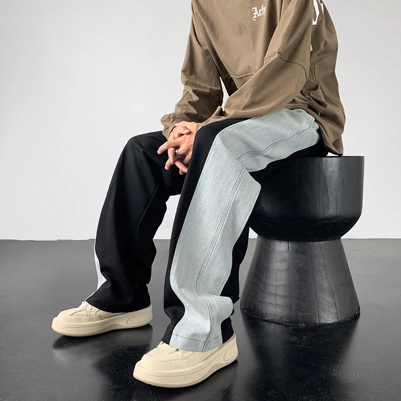 

2023 Men's American Streetwear Loose Sweatpants Fitting Denim Patchwork Fabric Casual Pants Black/Grey Color Trousers M-2XL