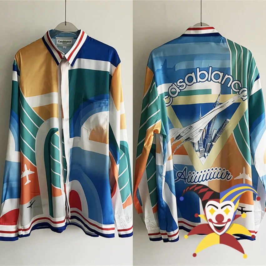 

Aircraft Skyscraper Printing Silk Casablanca Shirt Men Women Hawaii Beach Shirts