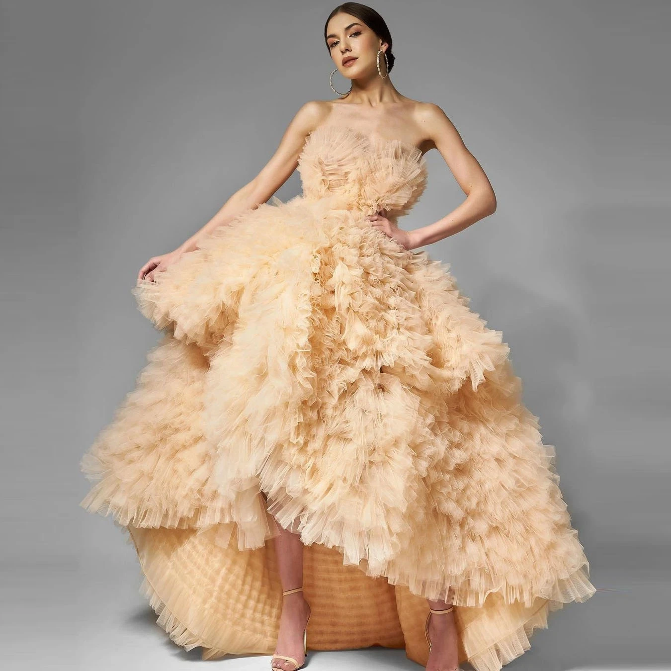 

Chic Tiered Tulle Formal Dress Champagne Ruffled Mesh High Low Prom Party Dresses 2023 New فساتين السهرة vestidos de fiesta