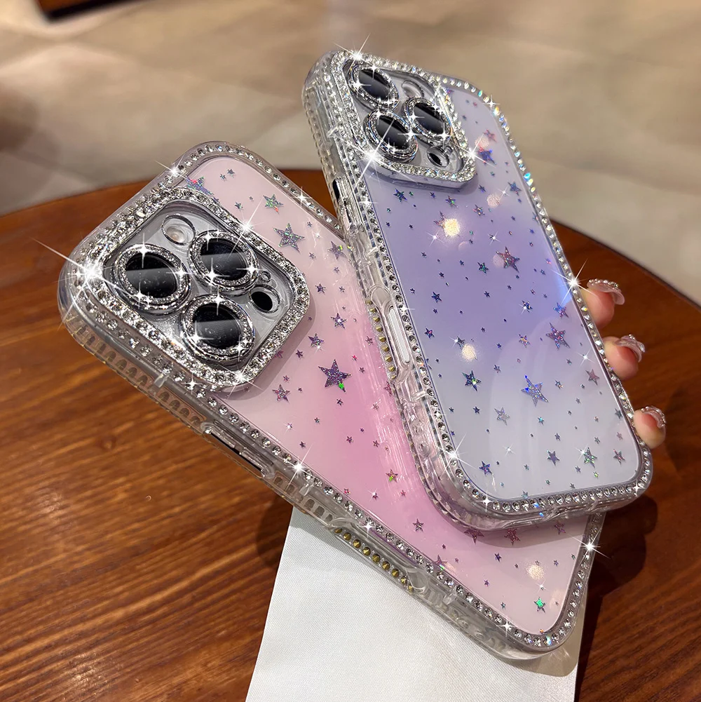 Rhinestone Gradient Candy Color Glossy Phone Case with Camera Protection