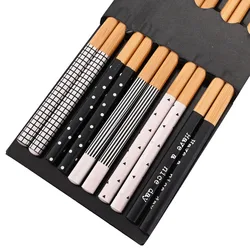 Reusable Handmade Bamboo Chopsticks - Set of 5 Pairs with Multi-Color Cat and Flower Design (5Pairs Black White)