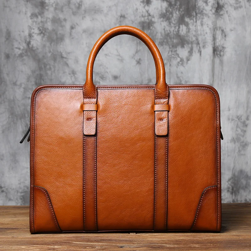 NZPJ Genuine Leather Men Briefcase Natural Cowhide Handbag Vintage Casual Computer Bag Fashion Crossbody Bag For 15 Inch Laptops